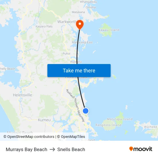 Murrays Bay Beach to Snells Beach map