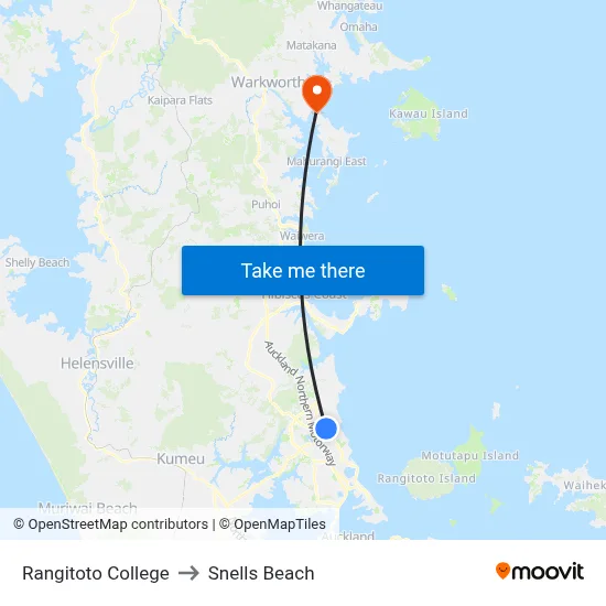 Rangitoto College to Snells Beach map