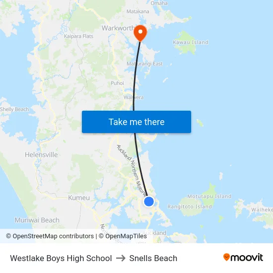 Westlake Boys High School to Snells Beach map