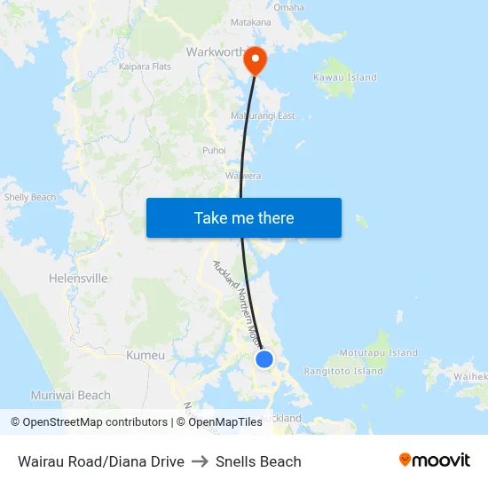 Wairau Road/Diana Drive to Snells Beach map