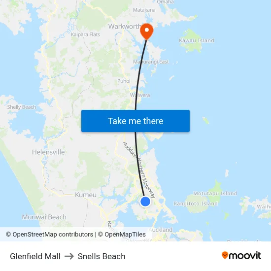 Glenfield Mall to Snells Beach map