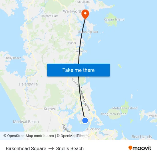 Birkenhead Square to Snells Beach map