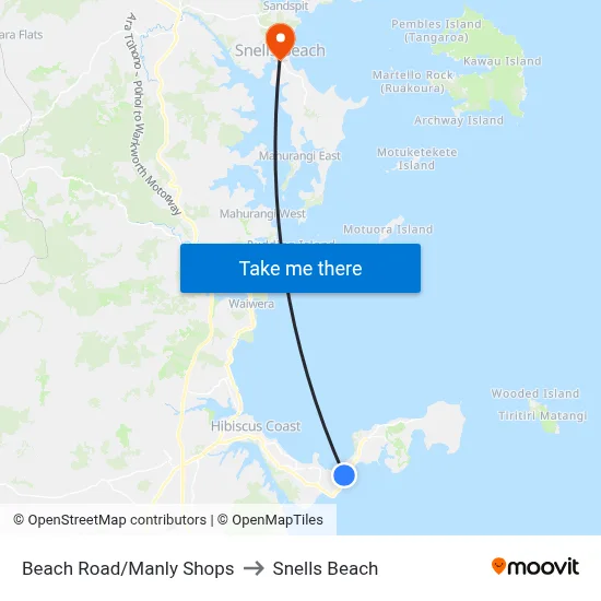 Beach Road/Manly Shops to Snells Beach map