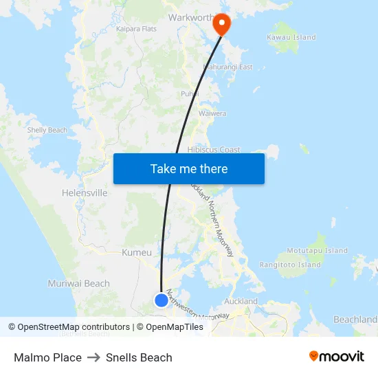 Malmo Place to Snells Beach map
