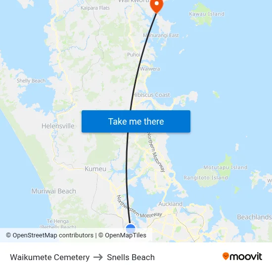 Waikumete Cemetery to Snells Beach map