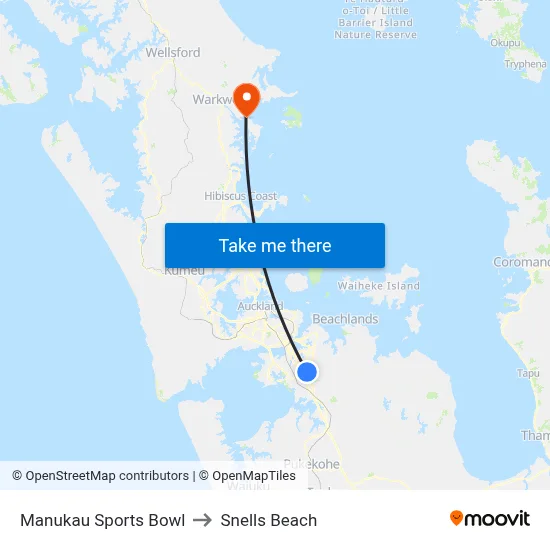 Manukau Sports Bowl to Snells Beach map