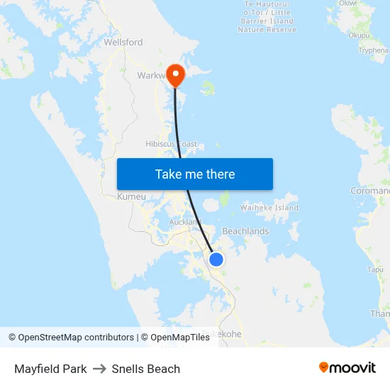 Mayfield Park to Snells Beach map