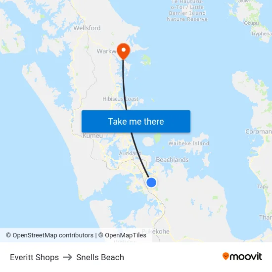 Everitt Shops to Snells Beach map