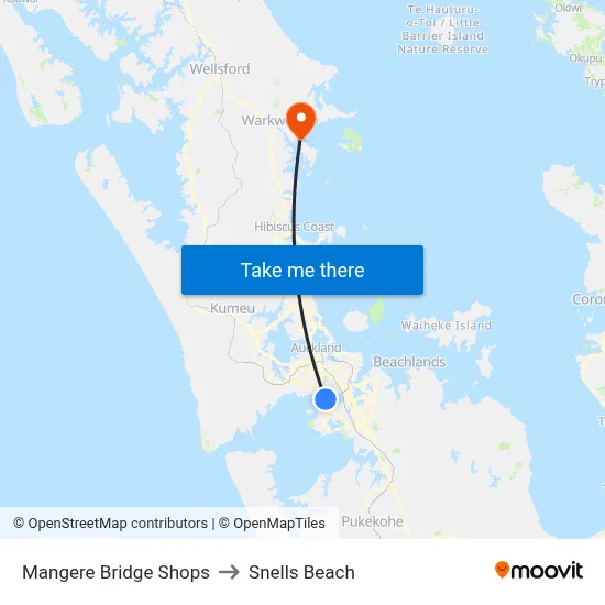 Mangere Bridge Shops to Snells Beach map