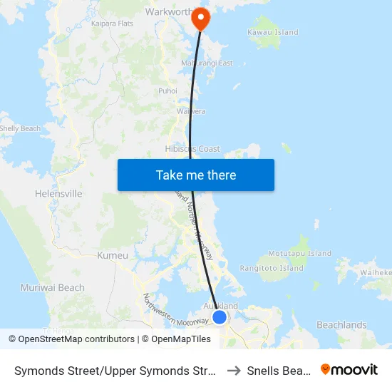 Symonds Street/Upper Symonds Street to Snells Beach map