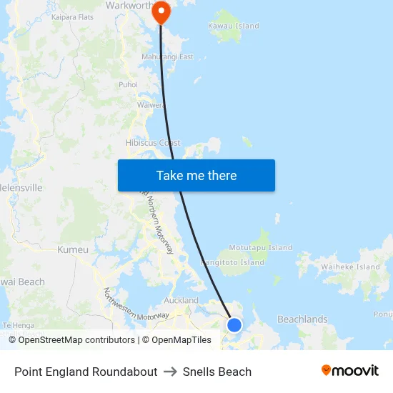 Point England Roundabout to Snells Beach map