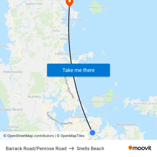 Barrack Road/Penrose Road to Snells Beach map