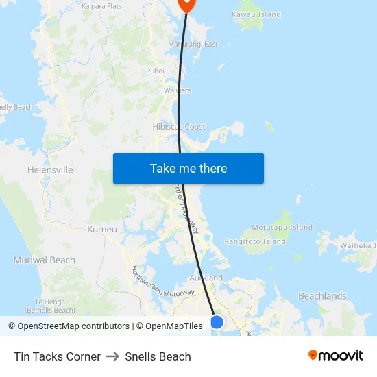 Tin Tacks Corner to Snells Beach map