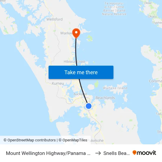Mount Wellington Highway/Panama Road to Snells Beach map