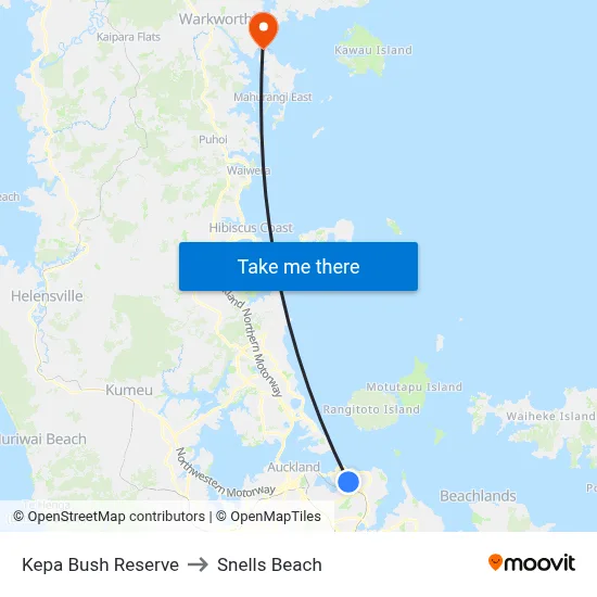 Kepa Bush Reserve to Snells Beach map