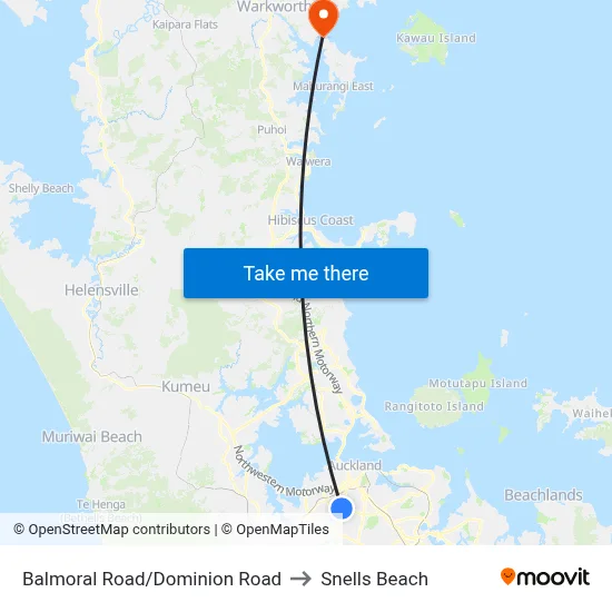 Balmoral Road/Dominion Road to Snells Beach map