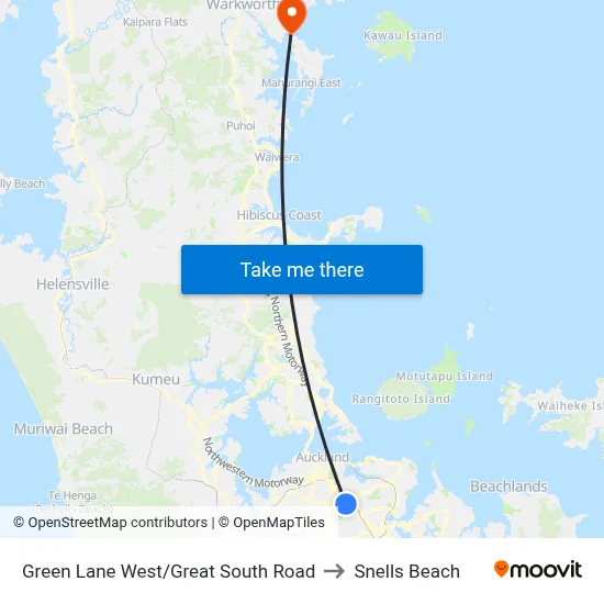 Green Lane West/Great South Road to Snells Beach map
