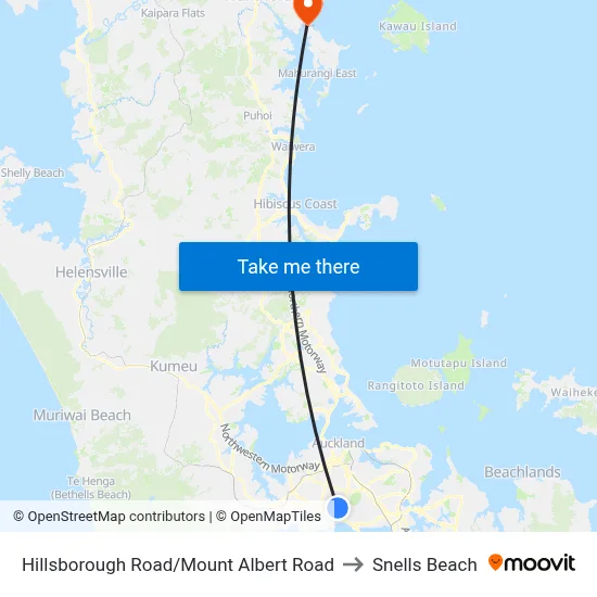 Hillsborough Road/Mount Albert Road to Snells Beach map