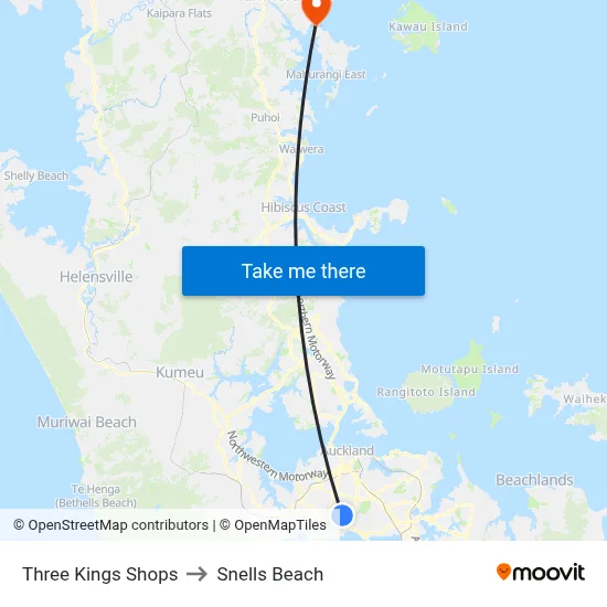 Three Kings Shops to Snells Beach map
