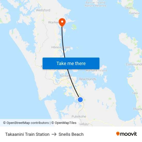 Takaanini Train Station to Snells Beach map