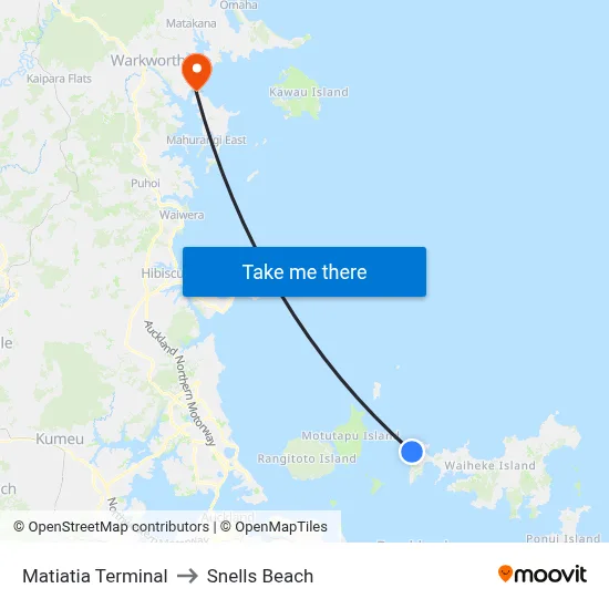 Matiatia Terminal to Snells Beach map