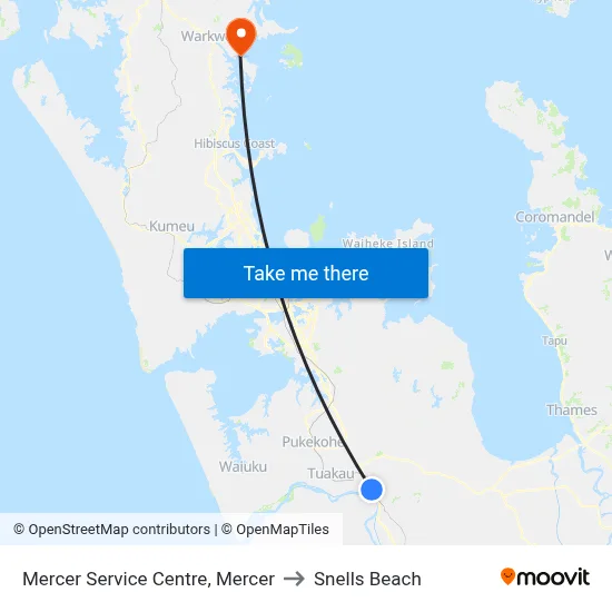 Mercer Service Centre, Mercer to Snells Beach map