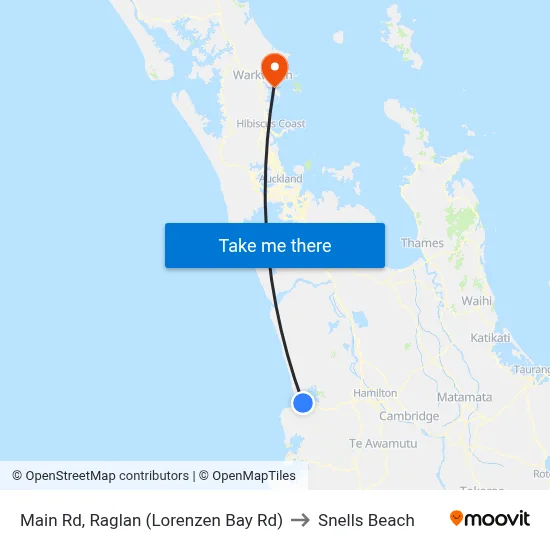 Main Rd, Raglan (Lorenzen Bay Rd) to Snells Beach map