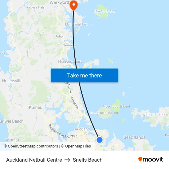 Auckland Netball Centre to Snells Beach map