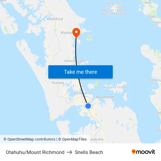 Otahuhu/Mount Richmond to Snells Beach map