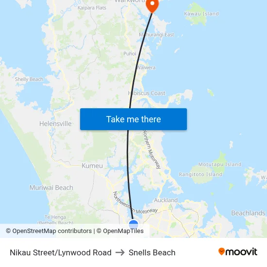 Nikau Street/Lynwood Road to Snells Beach map