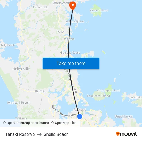 Tahaki Reserve to Snells Beach map