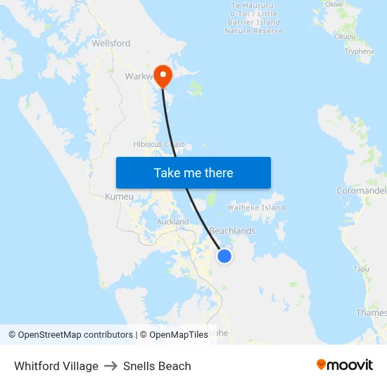 Whitford Village to Snells Beach map