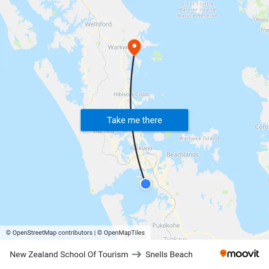 New Zealand School Of Tourism to Snells Beach map