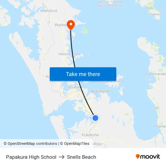 Papakura High School to Snells Beach map