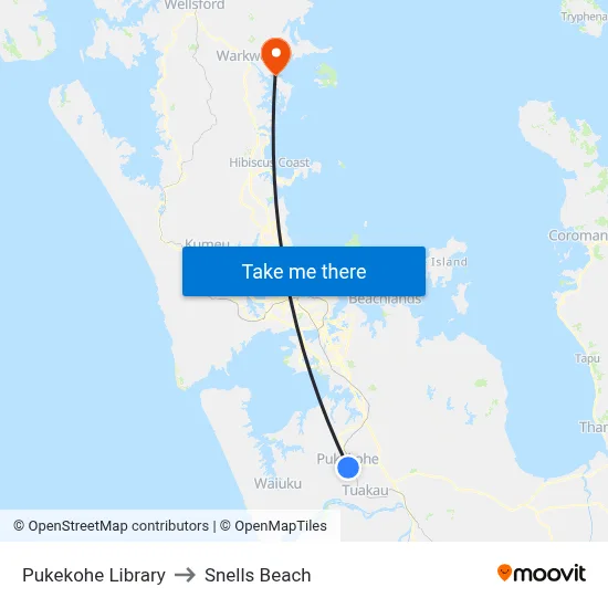 Pukekohe Library to Snells Beach map