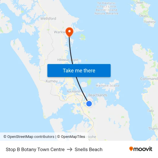 Stop B Botany Town Centre to Snells Beach map
