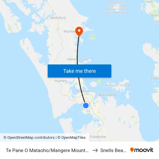 Te Pane O Mataoho/Mangere Mountain to Snells Beach map