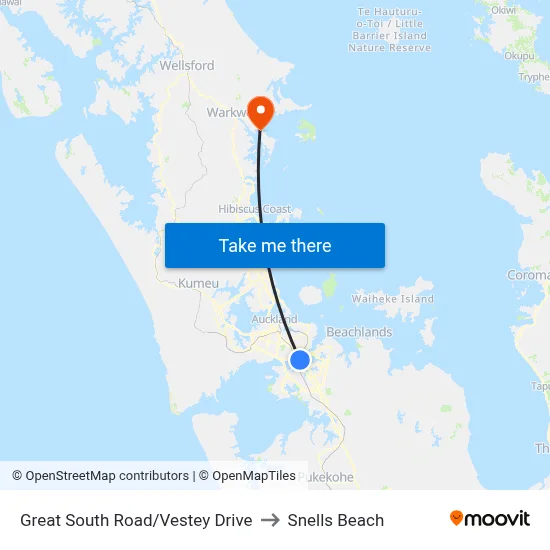 Great South Road/Vestey Drive to Snells Beach map