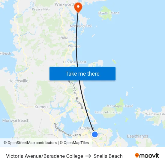 Victoria Avenue/Baradene College to Snells Beach map