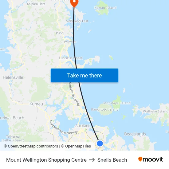 Mount Wellington Shopping Centre to Snells Beach map