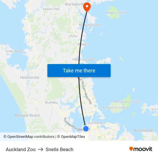 Auckland Zoo to Snells Beach map