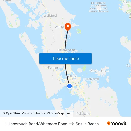 Hillsborough Road/Whitmore Road to Snells Beach map