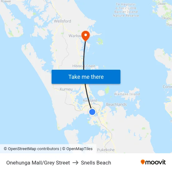 Onehunga Mall/Grey Street to Snells Beach map