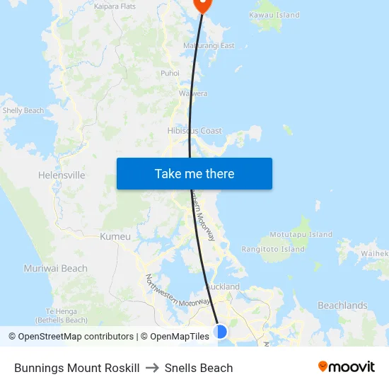 Bunnings Mount Roskill to Snells Beach map