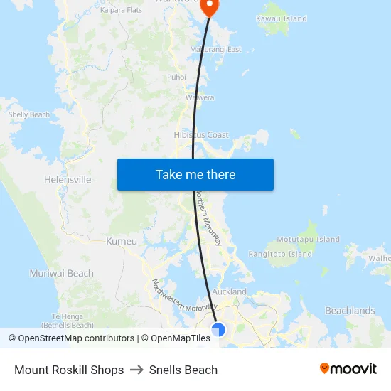 Mount Roskill Shops to Snells Beach map