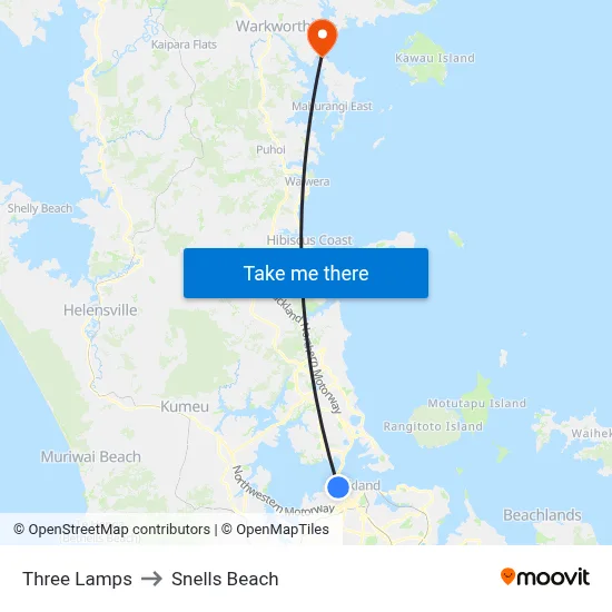 Three Lamps to Snells Beach map