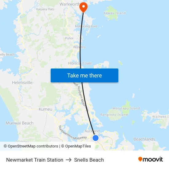Newmarket Train Station to Snells Beach map