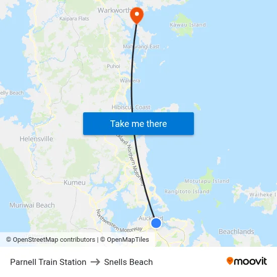 Parnell Train Station to Snells Beach map