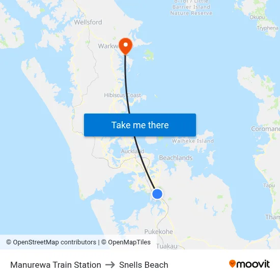 Manurewa Train Station to Snells Beach map