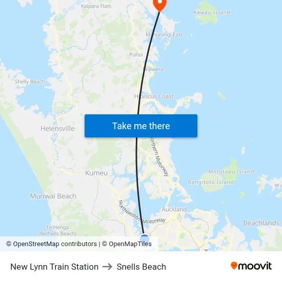 New Lynn Train Station to Snells Beach map